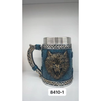 Büyük Boy Mavi Kurt Motifli Çelik Kupa Kod 8410-1