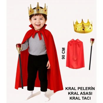 Çocuk Kral Kostüm Seti – Kırmızı Pelerin, Taç ve Asa (90 cm) (5324)