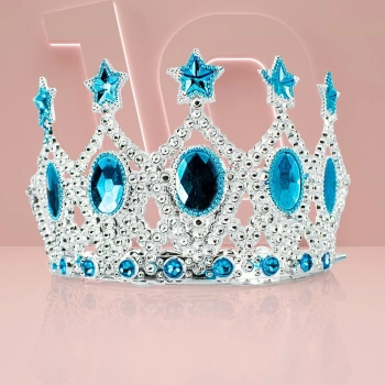 Çocuk Kraliçe Tacı - Mavi Yıldız İşlemeli Prenses Tacı 15x7 cm (5324)