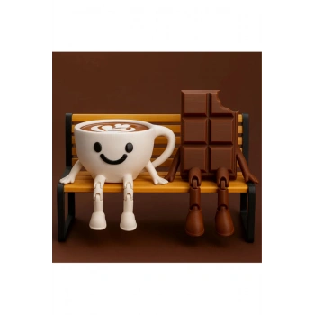 Çok Sevimli Bank Üzerinde Çikolata Ve Espresso Biblo Seti / 3lü Dekoratif Figür Hediyelik Çeyizlik
