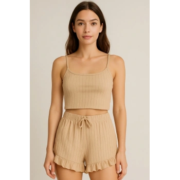 Crop Takım - Askılı Crop Takım Likralı Bej (l)