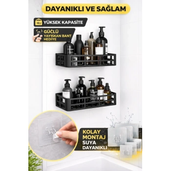 Duş İçi Yapışkanlı Banyo Rafı 2’li Set Delme Yok Güçlü Yapışkan Bantlı Organizer