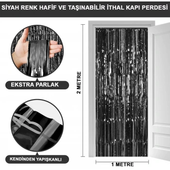 Ekstra Metalize Parlak Saçaklı Arka Fon Perde Siyah