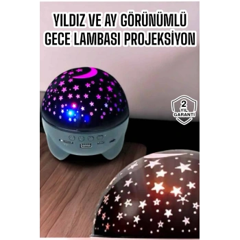 Gece Lambası Projeksiyon Görünümlü Şarjlı Yıldızlı Yuvarlak