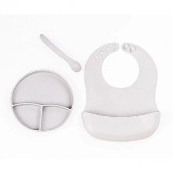 Gri 3’lü Silikon Yemek Seti – Önlük + Diş Kaşıyıcılı Kaşık + Vakumlu Tabak