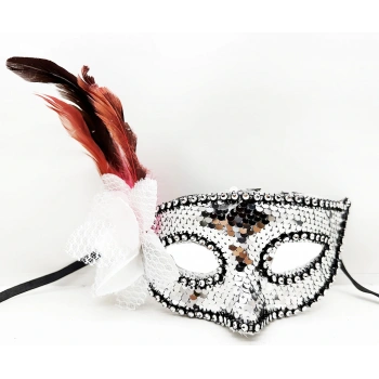 Gümüş Renk Yandan Tüylü Güllü Gümüş Taşlı Pullu Maske 20x22 cm (5324)