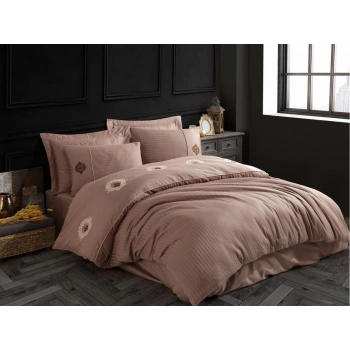 Hobby Elegant Nakışlı Pamuk Saten Çift Kişilik Nevresim Takımı Olimpos Kahve