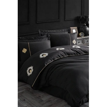 Hobby Elegant Nakışlı Pamuk Saten Çift Kişilik Nevresim Takımı Olimpos Siyah