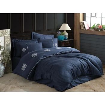 Hobby Elegant Nakışlı Pamuk Saten Çift Kişilik Nevresim Takımı Zeugma Lacivert