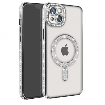 İphone 14 Kılıf Joke Simli Magneticsafe Kılıf - Gümüş