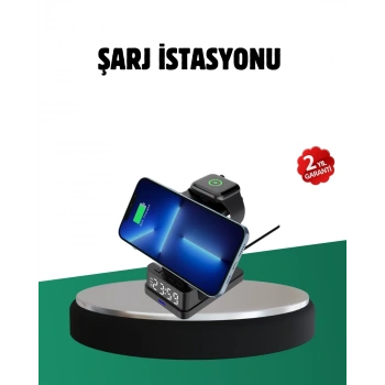 Kablosuz Şarjlı Dijital Masa Saati – 3 Parlaklık Seviyeli LED, Hızlı Şarj, Apple Uyumlu