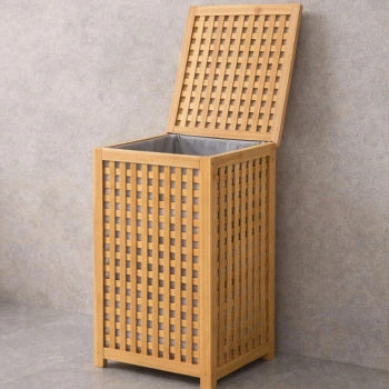KALIN AHŞAP BAMBU KİRLİ ÇAMAŞIR SEPETİ KUMAŞ ÇANTALI SEPET=40X40X58CM (5324)