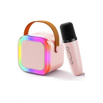 Karaoke Kablosuz Hoparlör Mikrofonlu Rgb Işıklı Bluetooth Speaker Tf Kart/usb Pembe