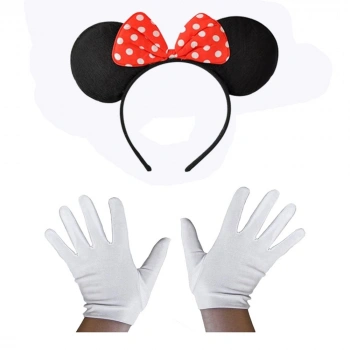 Kırmızı Fiyonklu Minnie Mouse Tacı ve Beyaz Eldiven Seti (5324)