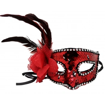 Kırmızı Renk Yandan Tüylü Güllü Gümüş Taşlı Pullu Maske 20x22 cm (5324)