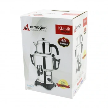 KLASİK ÇAY SETİ=DEMLİK - SU KAZANI ELEKTRİKLİ SEMAVER 60 BARDAK 6LT - TEK MUSLUK 1500W GİZLİ REZİSTANS (5324)