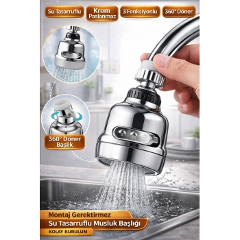 Krom 3 Fonksiyonlu 360° Döner Su Tasarruflu Musluk Başlığı Sıçrama Önleyici Batarya Ucu