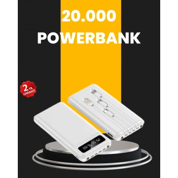 LED Işıklı 20.000mAh Powerbank LCD Gösterge Dahili Çoklu Kablo
