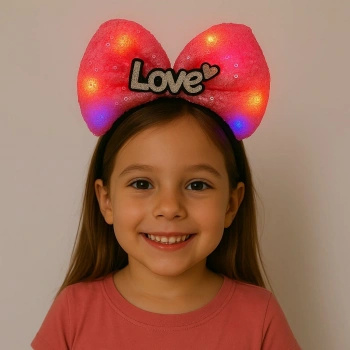 LED Işıklı Love Yazılı Fuşya Fiyonk Taç – Kız Çocuk Parti Tacı (5324)