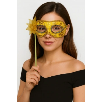 Lüks Taşlı Saplı Maskeli Balo Maskesi Altın Renk 35 cm (5324)