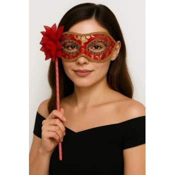 Lüks Taşlı Saplı Maskeli Balo Maskesi Kırmızı Renk 35 cm (5324)