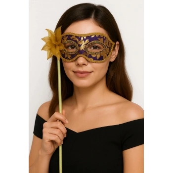 Lüks Taşlı Saplı Maskeli Balo Maskesi Mor Renk 35 cm (5324)