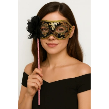 Lüks Taşlı Saplı Maskeli Balo Maskesi Siyah Renk 35 cm (5324)
