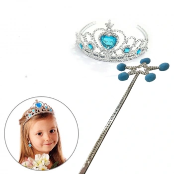 Mavi Ponponlu Karlar Ülkesi Elsa Asası ve Mavi Kalp Taşlı Elsa Tacı (5324)