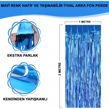 Mavi Renk Ekstra Metalize Parlak Saçaklı Arka Fon Perde İthal A Kalite 1x2 Metre (5324)