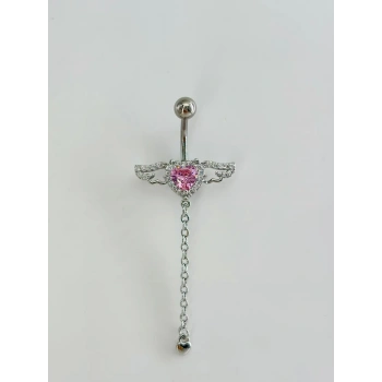 Melek Kanatlı  Pembe Taşlı Kalp Detaylı Sallantılı  Göbek Piercing - Pg0104
