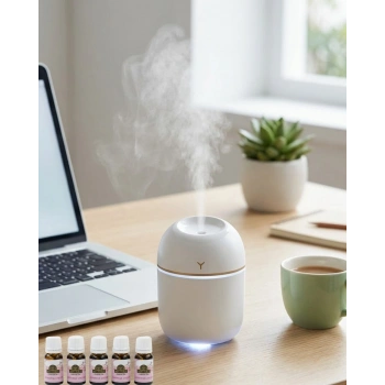 Mini Hava Nemlendirici USB Bağlantılı LED Işıklı 5 Esans Hediyeli Aromaterapi Difüzörü