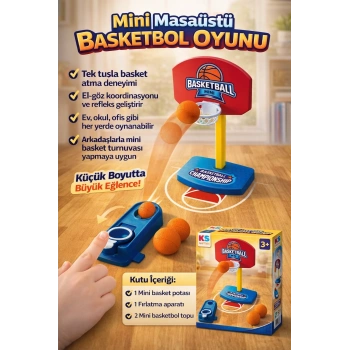 Mini Masaüstü Basketbol Oyunu – Tek Tuşlu Fırlatma, 2 Toplu, Eğitici & Eğlenceli