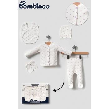 Organik 5 Parça Yeni Doğan Zıbın Set Hastane Cıkışı Fitilli Ekru Kumaşa Kutulu Casual/