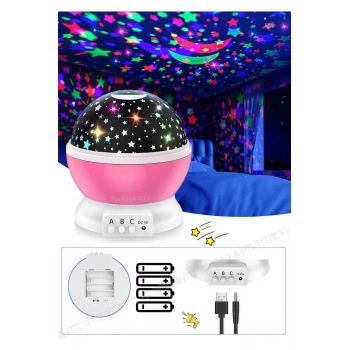 Pembe Dönen Renkli Ay Yıldızlı Gökyüzü Yansıtmalı Projeksiyon Gece Lambası Çocuk Bebek Parti Odası