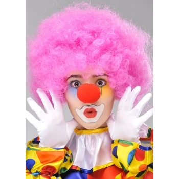 Pembe Renk Kıvırcık Afro Bonus Peruk Takma Saç ve Kırmızı Burun Seti (5324)