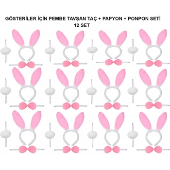 Pembe Tavşan Kostüm Seti – Taç, Papyon, Ponpon (12’li Paket)