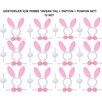 Pembe Tavşan Kostüm Seti – Taç, Papyon, Ponpon (12’li Paket)
