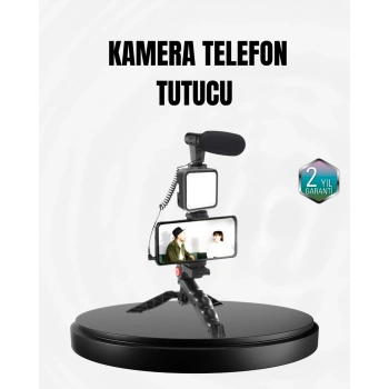 Profesyonel Vlog Çekim Kiti LED Işıklı Tripod Mikrofonlu Telefon Seti