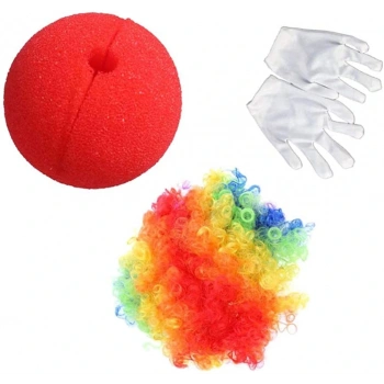 Rengarenk Palyaço Peruk Beyaz Eldiven Kırmızı Sünger Burun Palyaço Seti 3 Parça (5324)