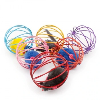 Renkli Metal Kafesli Peluş Fareli Kedi Köpek Oyuncağı Oyun Topu 6 cm (5324)