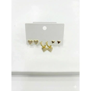 Sallantılı Kalp Detaylı Altılı Küpe - Kp00635