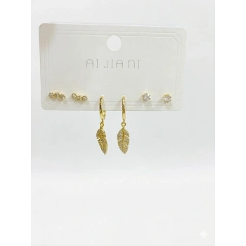 Sallantılı Yaprak Detaylı Altılı Küpe - Kp00574