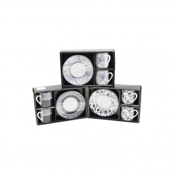 SİYAH - BEYAZ 4PCS=2-TAKIM  PORSELEN KAHVE FİNCANI  ÇİÇEK - ÇİZGİ - NOKTA MİX DESEN (5324)
