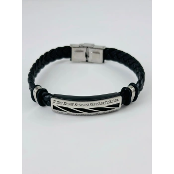 Siyah Deri / Çelik  Erkek Deri Bileklik 20 Cm  - Ebl0030