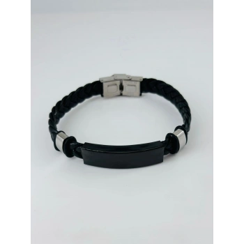 Siyah Deri  / Çelik  Erkek Deri Bileklik 20 Cm  - Ebl0031