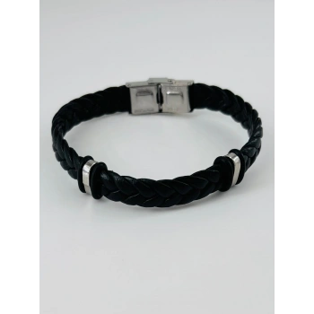 Siyah Deri  / Çelik  Erkek Deri Bileklik 20 Cm  - Ebl0045