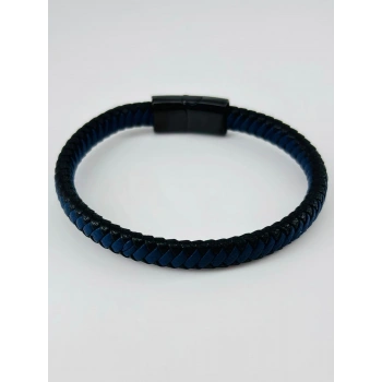 Siyah Deri / Çelik  Erkek Deri Bileklik 20 Cm  - Ebl0059