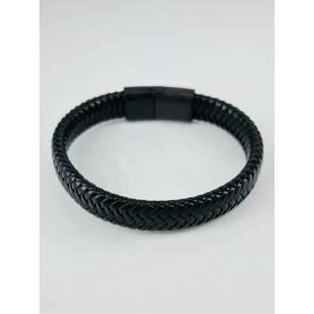 Siyah Deri / Çelik  Erkek Deri Bileklik 20 Cm  - Ebl0065