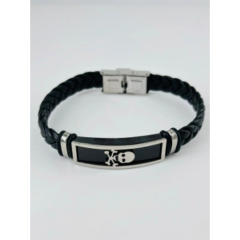 Siyah Deri / Çelik  Erkek Deri Bileklik 20 Cm  - Ebl0079