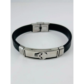 Siyah Deri / Çelik  Erkek Deri Bileklik 20 Cm  - Ebl0089